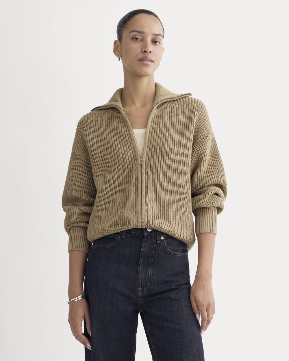 The Full-Zip Sweater in Everyday Cotton | Dark Heathered Camel