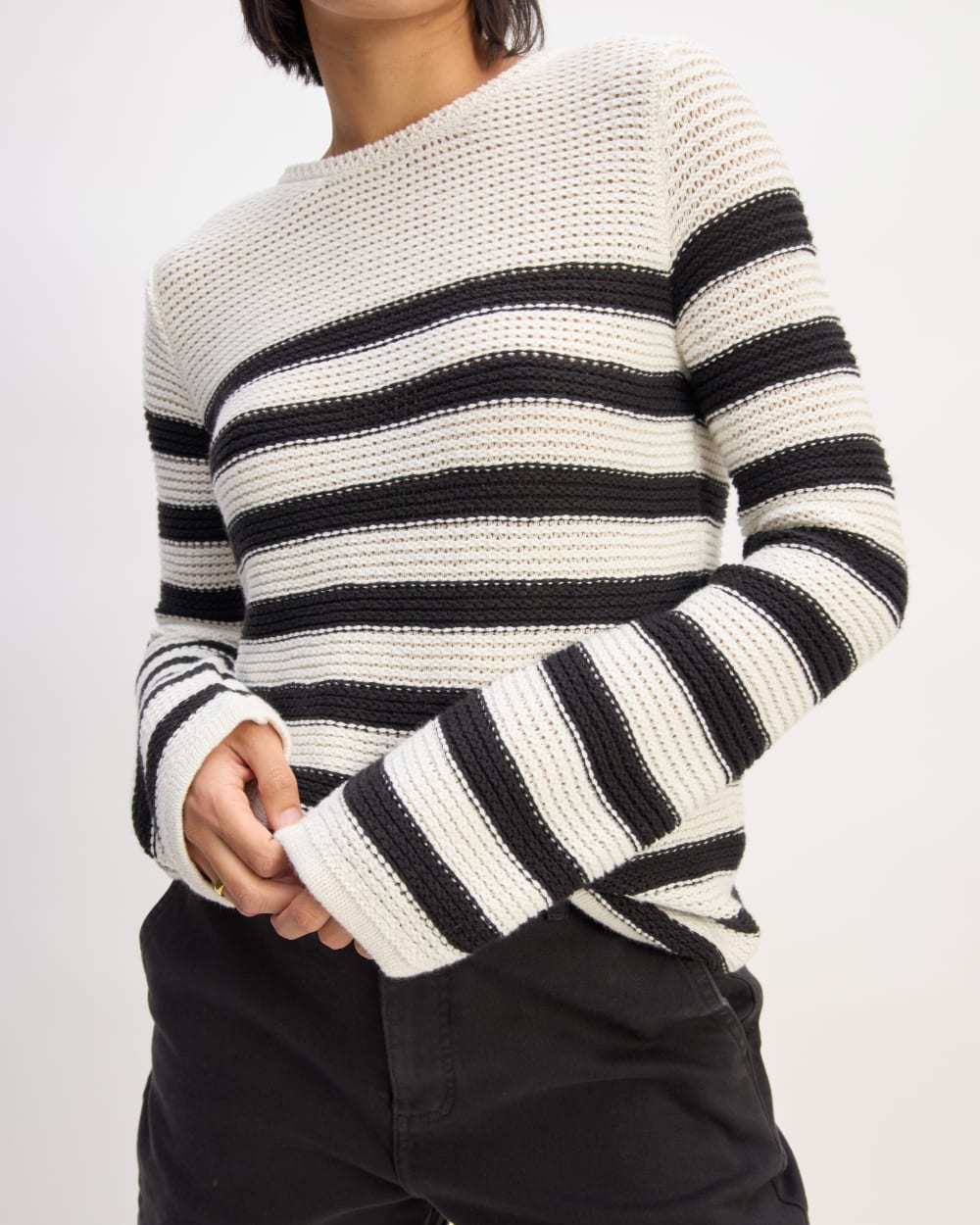 The Organic Cotton Open-Stitch Crew | Black / Bone