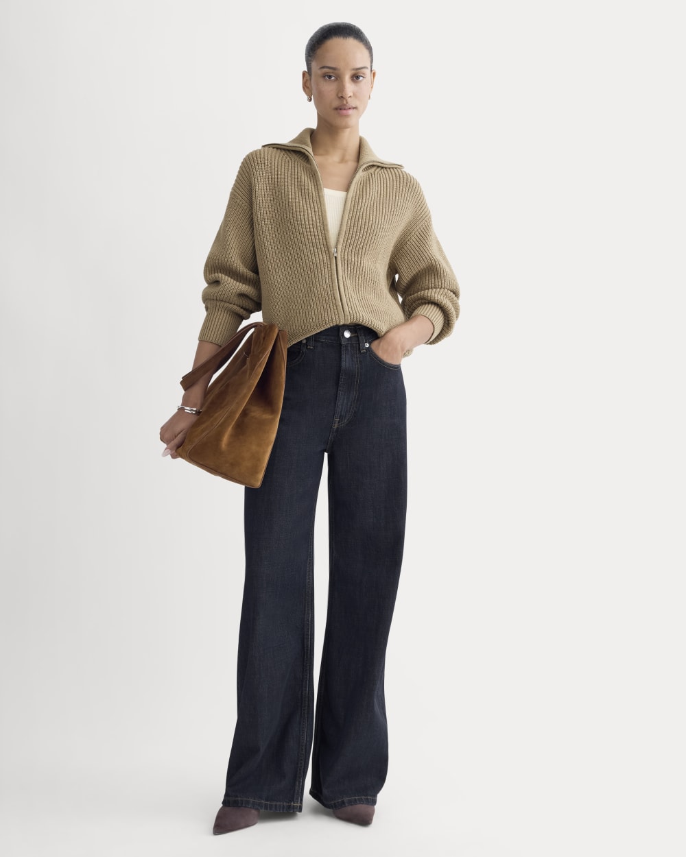 The Full-Zip Sweater in Everyday Cotton | Dark Heathered Camel