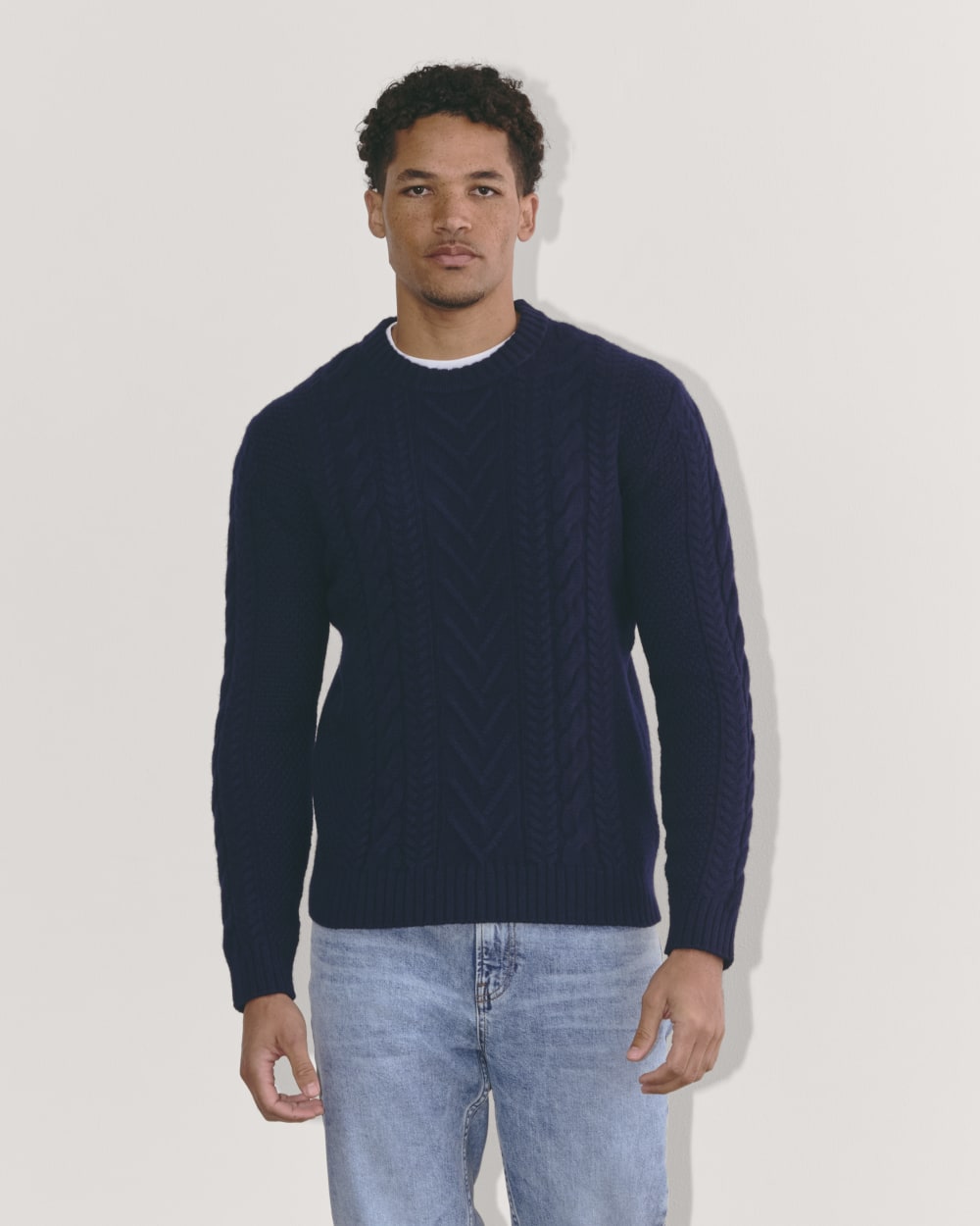 The Felted Merino Cable-Knit Crew | Deep Navy