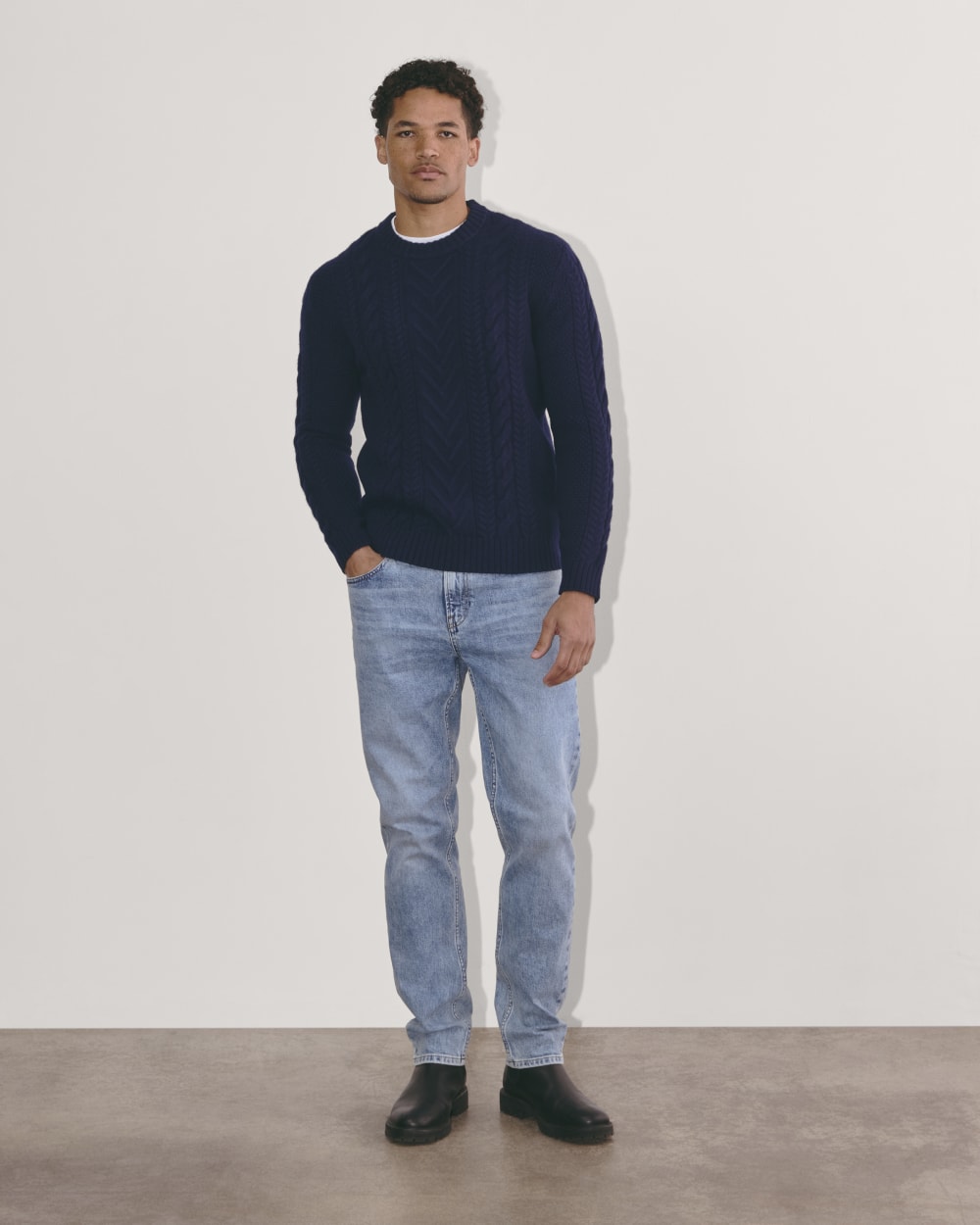The Felted Merino Cable-Knit Crew | Deep Navy