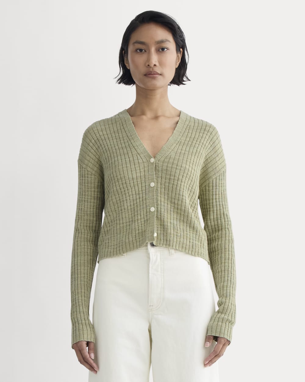 The Ribbed Cardigan in Cotton Linen | Eucalyptus